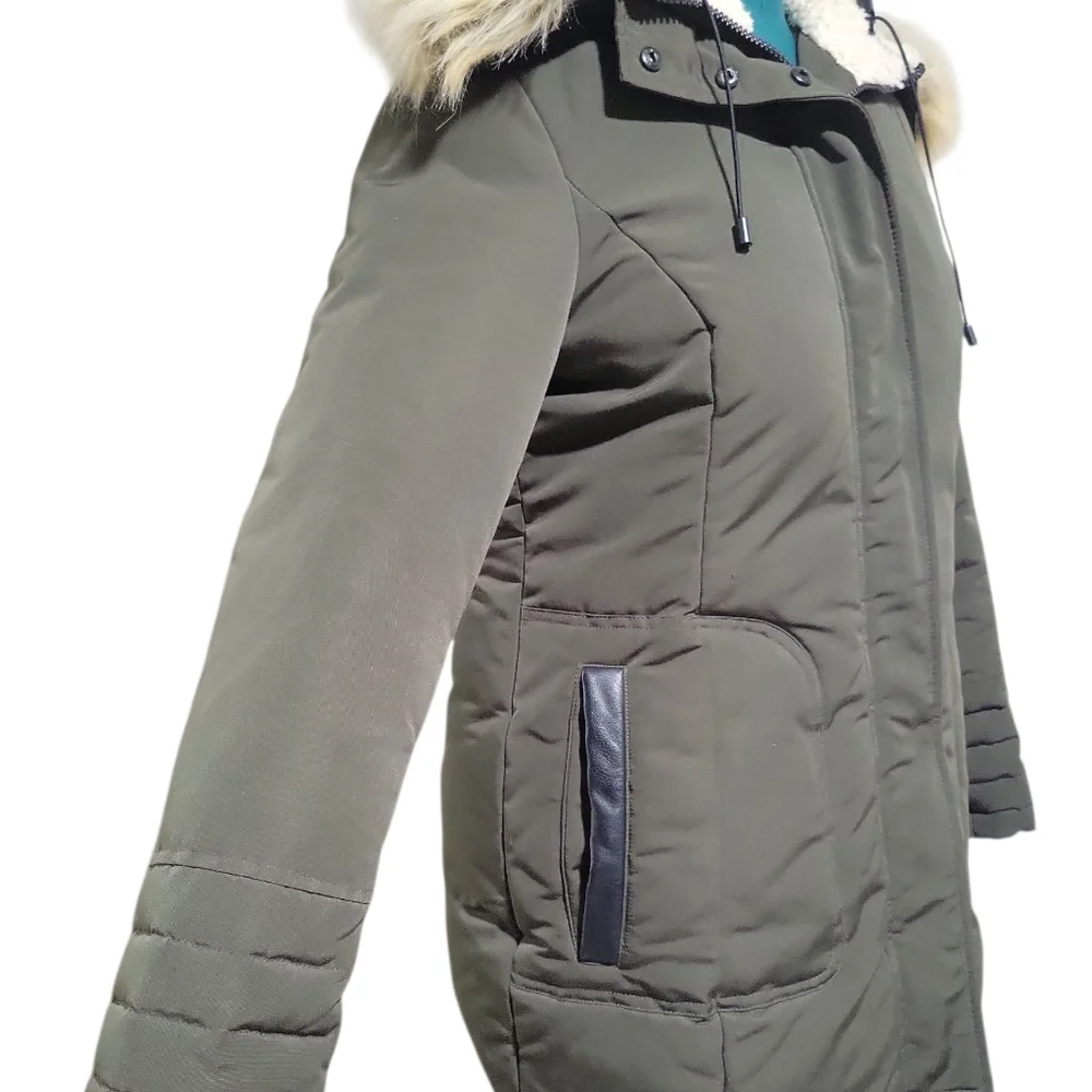 Sam Edelman Women's Faux Fur Lined Mid Puffer Coat Size M Green Removable Hood - Picture 8 of 16